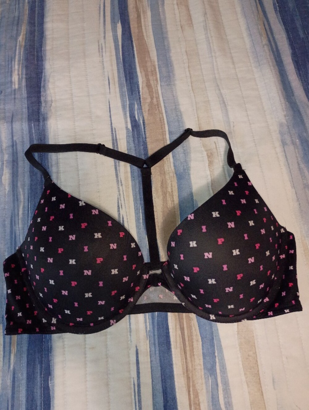🩷🖤 PINK VICTORIA SECRET Black Pink Patterned T-Back Push-Up Bra NEVER WORN